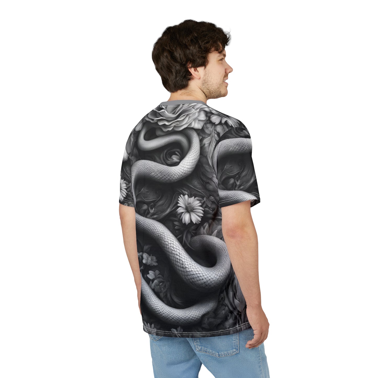 Serpent and Floral Unisex Tee - Stylish Graphic Shirt for Nature Lovers, Black and White Snake and Flowers AOP Shirt