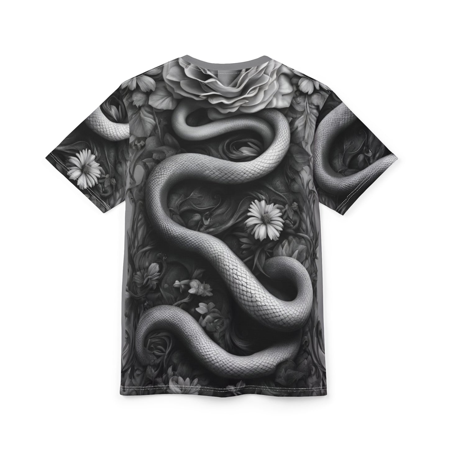 Serpent and Floral Unisex Tee - Stylish Graphic Shirt for Nature Lovers, Black and White Snake and Flowers AOP Shirt