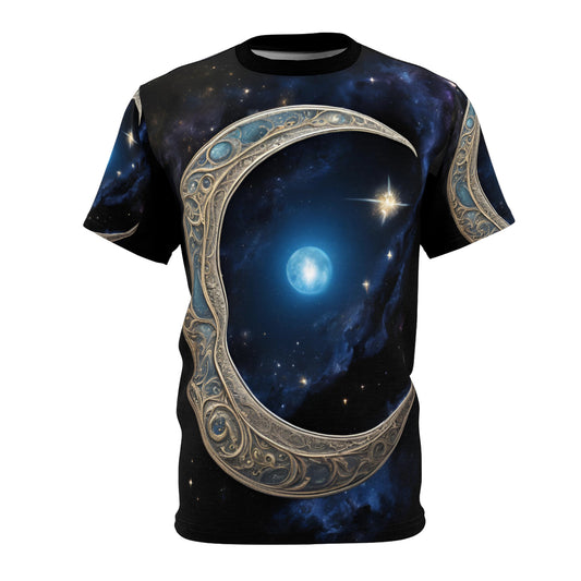 Celestial Chic Unisex Cut & Sew Tee - Mystical Moon & Star Design, Celestial Crescent Moon AOP Shirt
