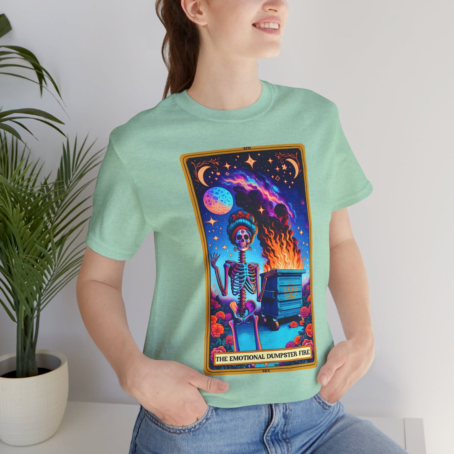 Emotional Dumpster Fire Skeleton Tee -The Emotional Dumpster Fire Funny Tarot Card T-Shirt, Witchy Skull Tarot T-Shirt, Funny Witchy Skeleton Shirt