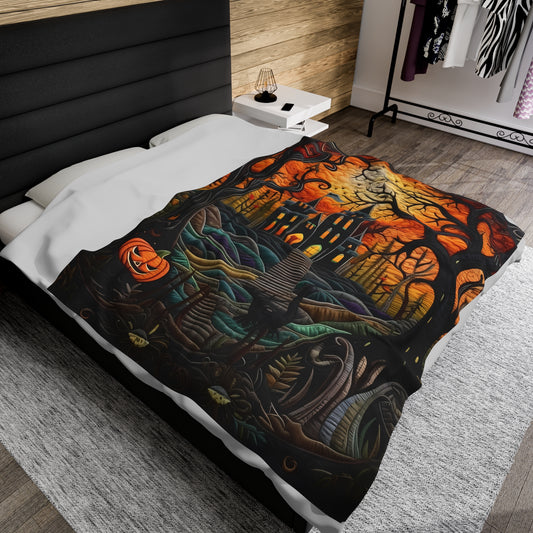 Custom Halloween Plush Blanket for Couch Bed Halloween Gift Blanket Pumpkin, Vintage Retro Spooky Season Halloween