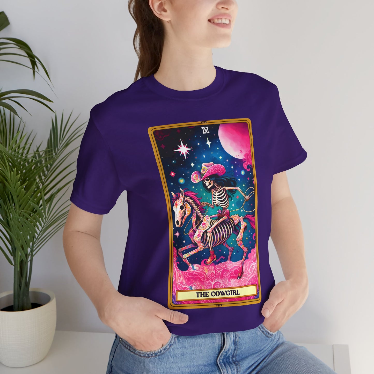 Cosmic Cowgirl Short Sleeve Tee - Retro Skeleton Design, The Cowgirl Tarot Shirt Tarot Lover Tee Western Shirt Cowgirl Tee Friend Gift Western Skeleton Tee Unisex Family Birthday Gift For Her