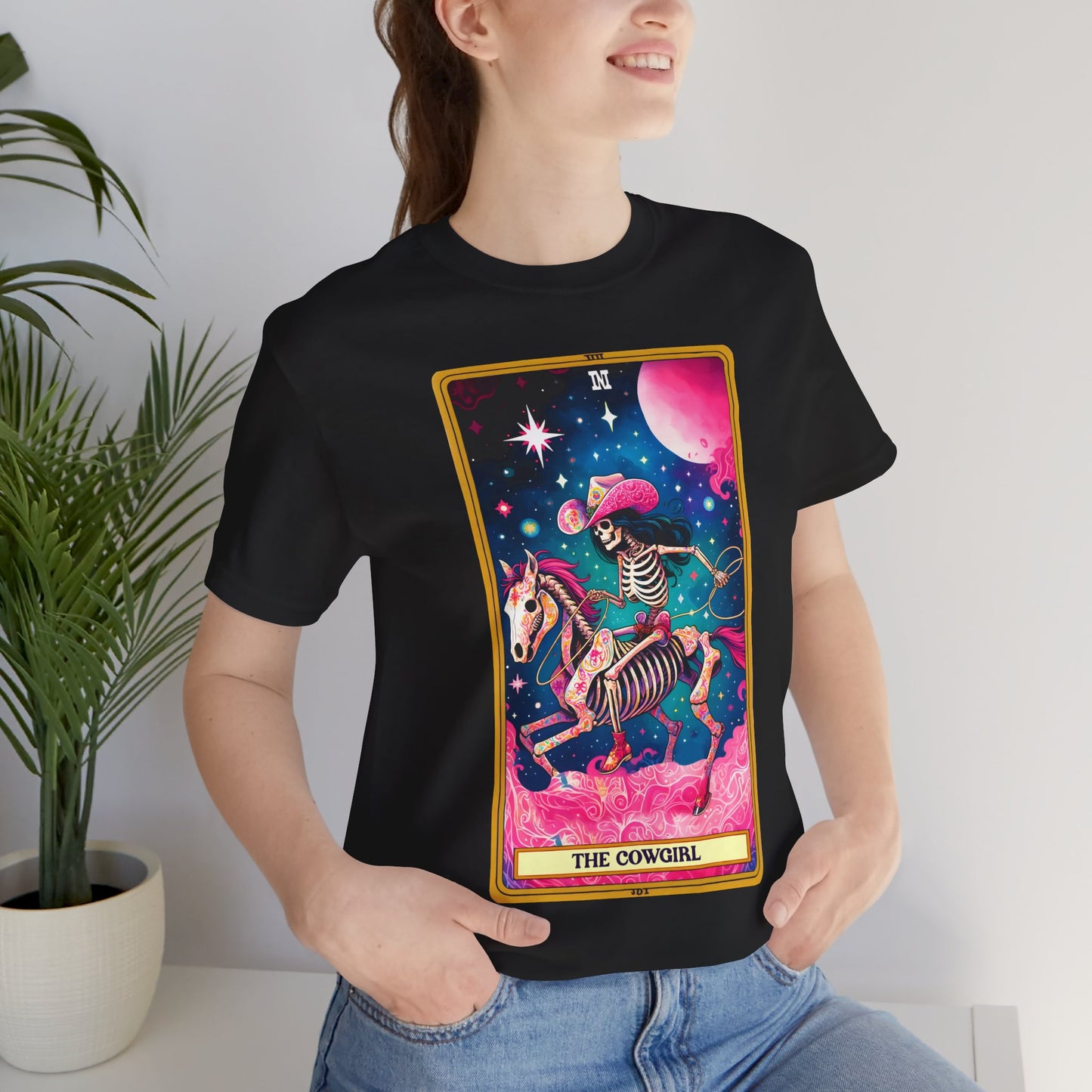 Cosmic Cowgirl Short Sleeve Tee - Retro Skeleton Design, The Cowgirl Tarot Shirt Tarot Lover Tee Western Shirt Cowgirl Tee Friend Gift Western Skeleton Tee Unisex Family Birthday Gift For Her