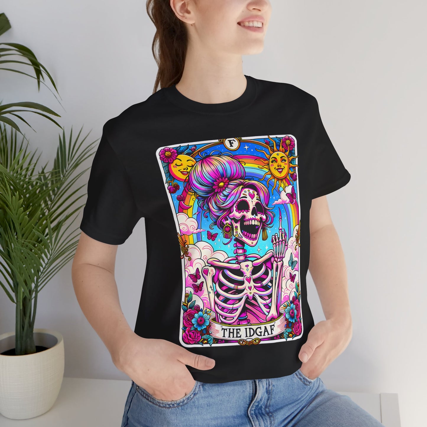 IDGAF Skeleton Art Unisex Jersey Tee - Colorful Graphic T-Shirt for Day of the Dead & Everyday Vibes, The sarcastic Sweary TShirt, Trendy Skeleton Skull Tee Shirt, Sassy Funny Witchy TIDGAF Funny Tarot Card T-Shirt, Sa-Shirt,Sarcastic Tee Shirt