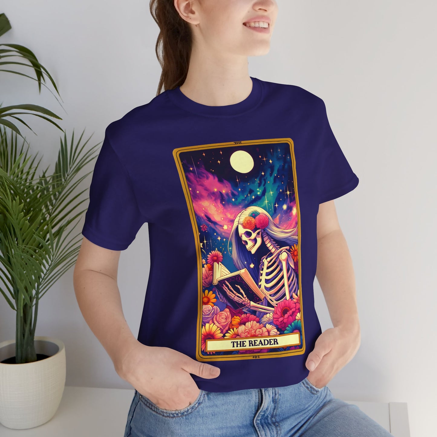 The Reader Skeleton Graphic Tee - Unisex Jersey Short Sleeve Shirt, The Reader Tarot Card Shirt, Skeleton Reading Shirt, Reading Shirt, Tarot Card Shirt, Book Lover Gift, Bookish Gift, Tarot Lover Gift