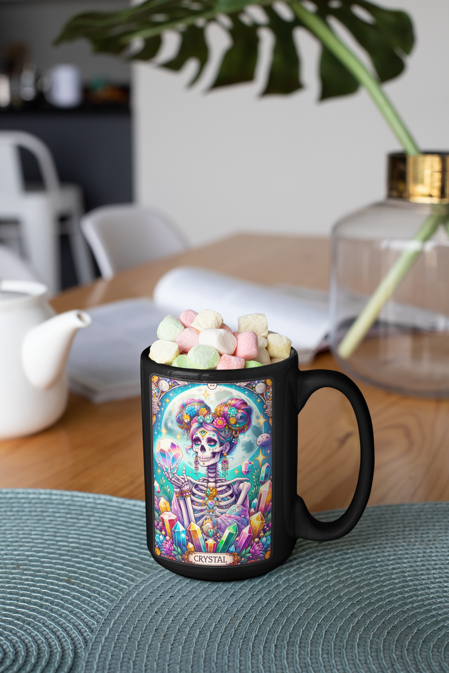 Crystal Skeleton Black Mug - Vibrant Art for Coffee Lovers, Coffee Mug for Crystal Lovers, Crystal Tarot Card Coffee Mug, Crystal Collector Coffee Mug