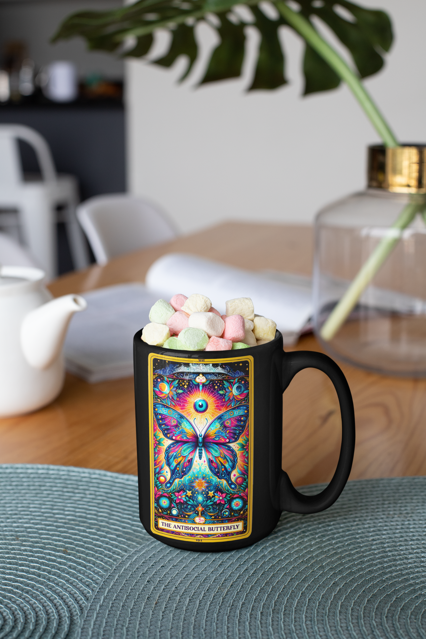 The Antisocial Butterfly Artistic Black Mug - 11oz & 15oz, Floral Butterfly Coffee Mug, Antisocial Butterfly Tarot Card Mug