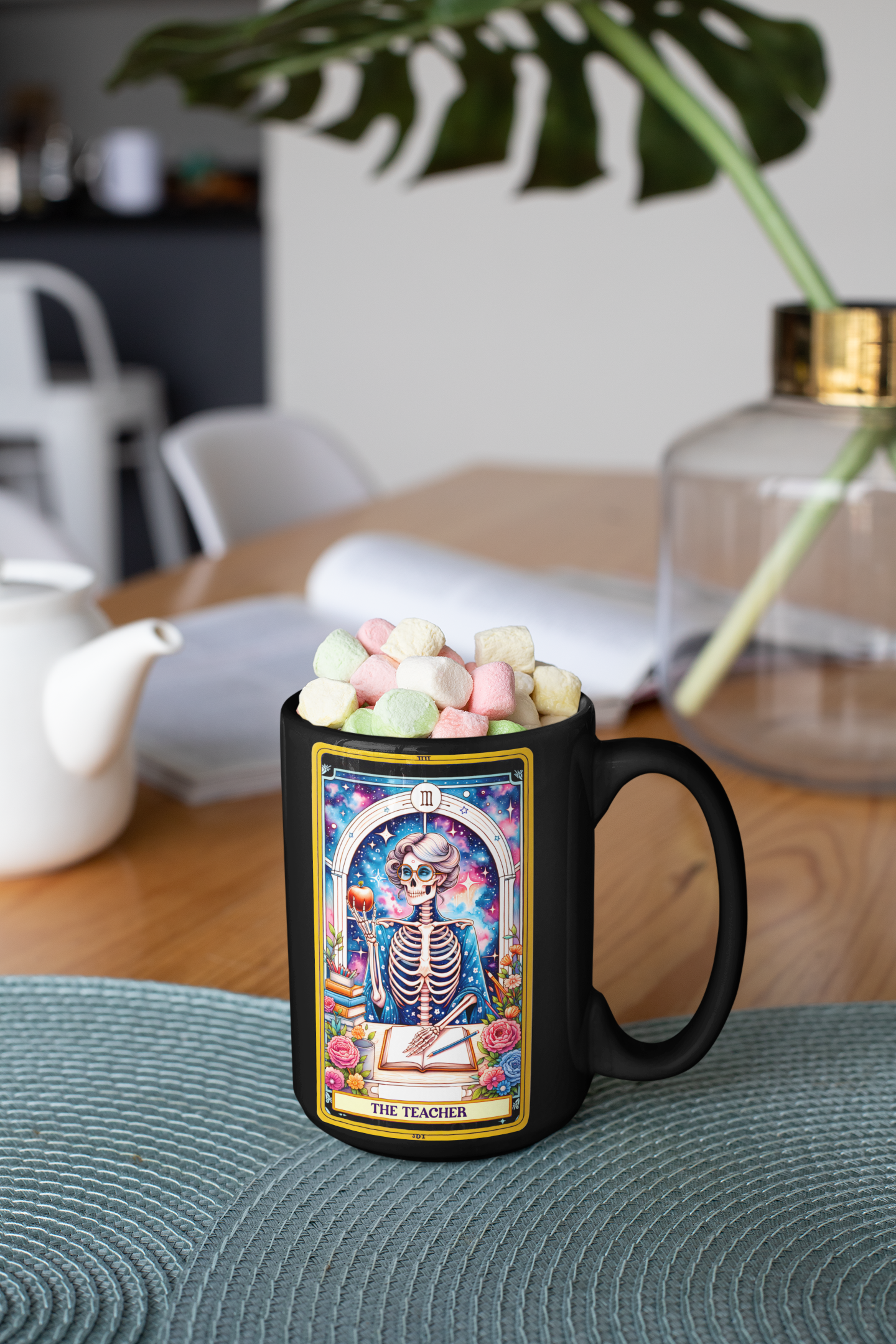 Teacher Themed Skeleton Mug | Black 11oz & 15oz Coffee Cup for Educators, The Teacher Tarot Card Coffee Mug, Back to School Coffee Mug for Teachers