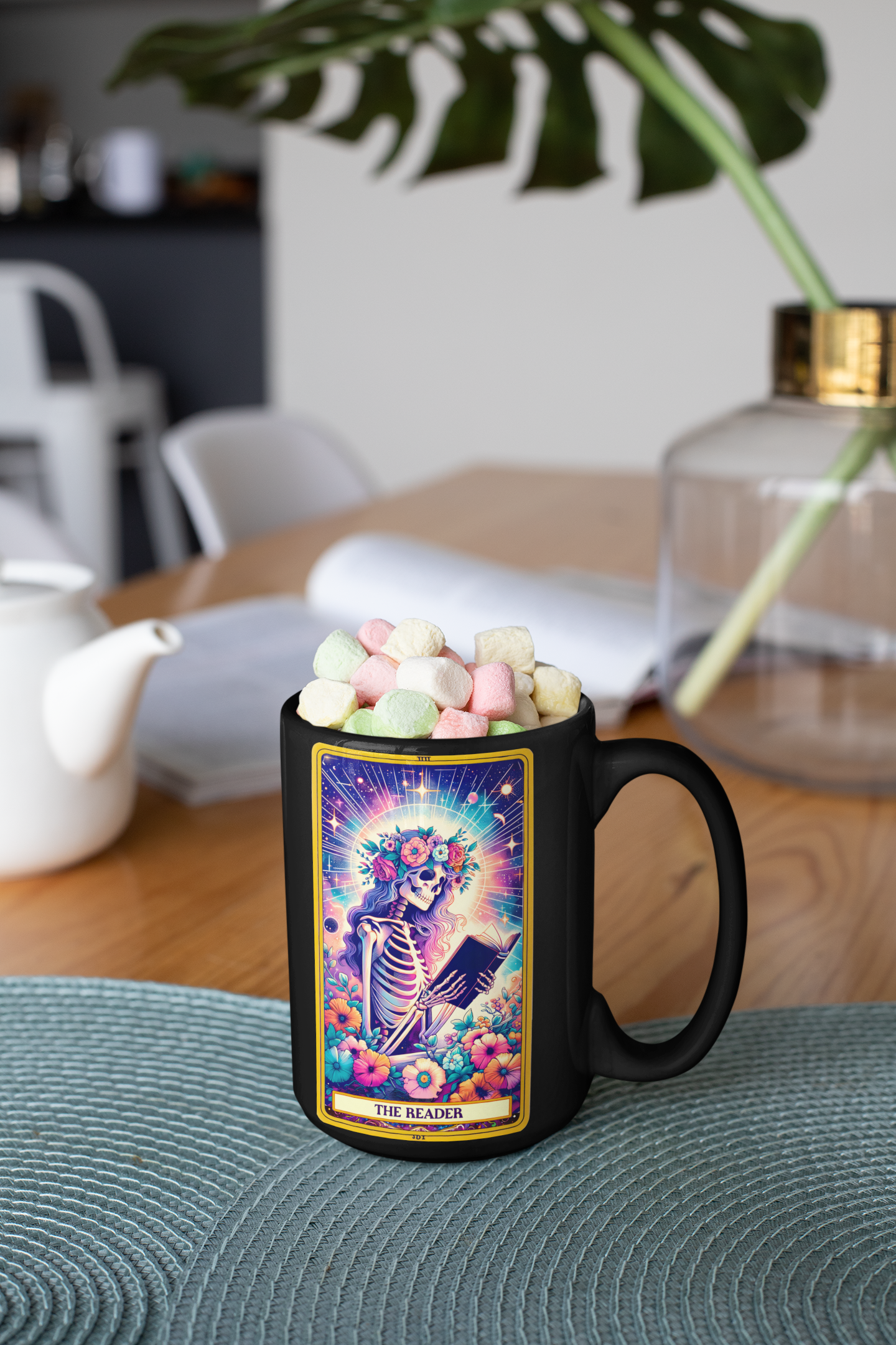 Colorful Skeleton Reader Mug - Perfect Gift for Book Lovers, The Reader Tarot Card Coffee Mug, Coffee Mug for Book Readers, Book Lover Coffee Mug