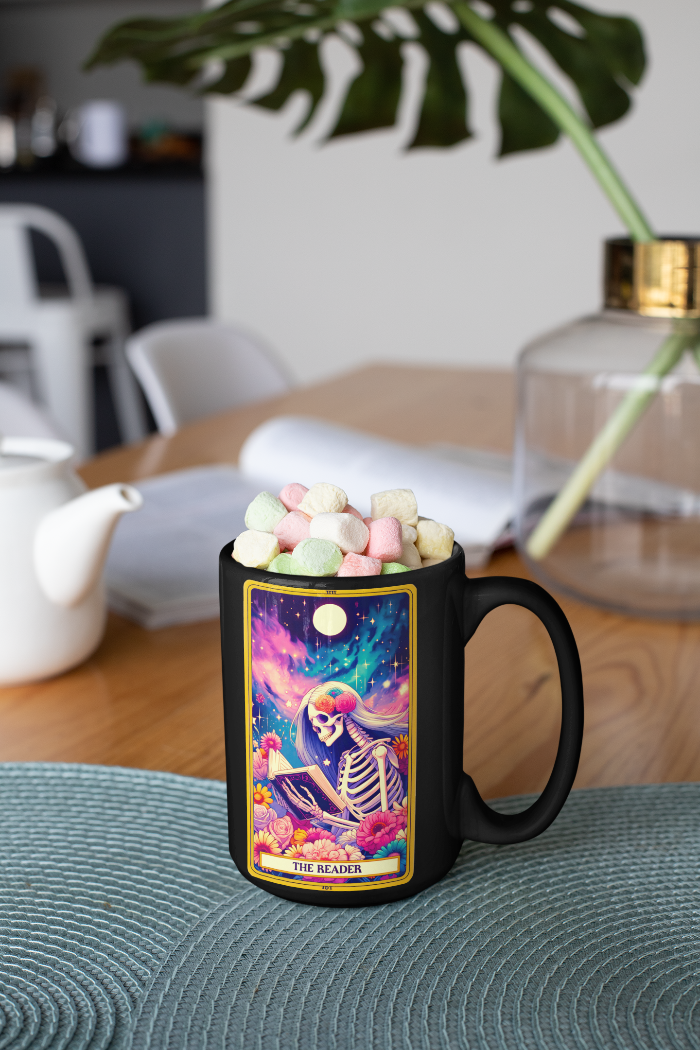 Spooky Skeleton Coffee Mug - 'The Reader' - Perfect for Book Lovers, The Reader Tarot Card Coffee Mug, Coffee Mug for Book Readers