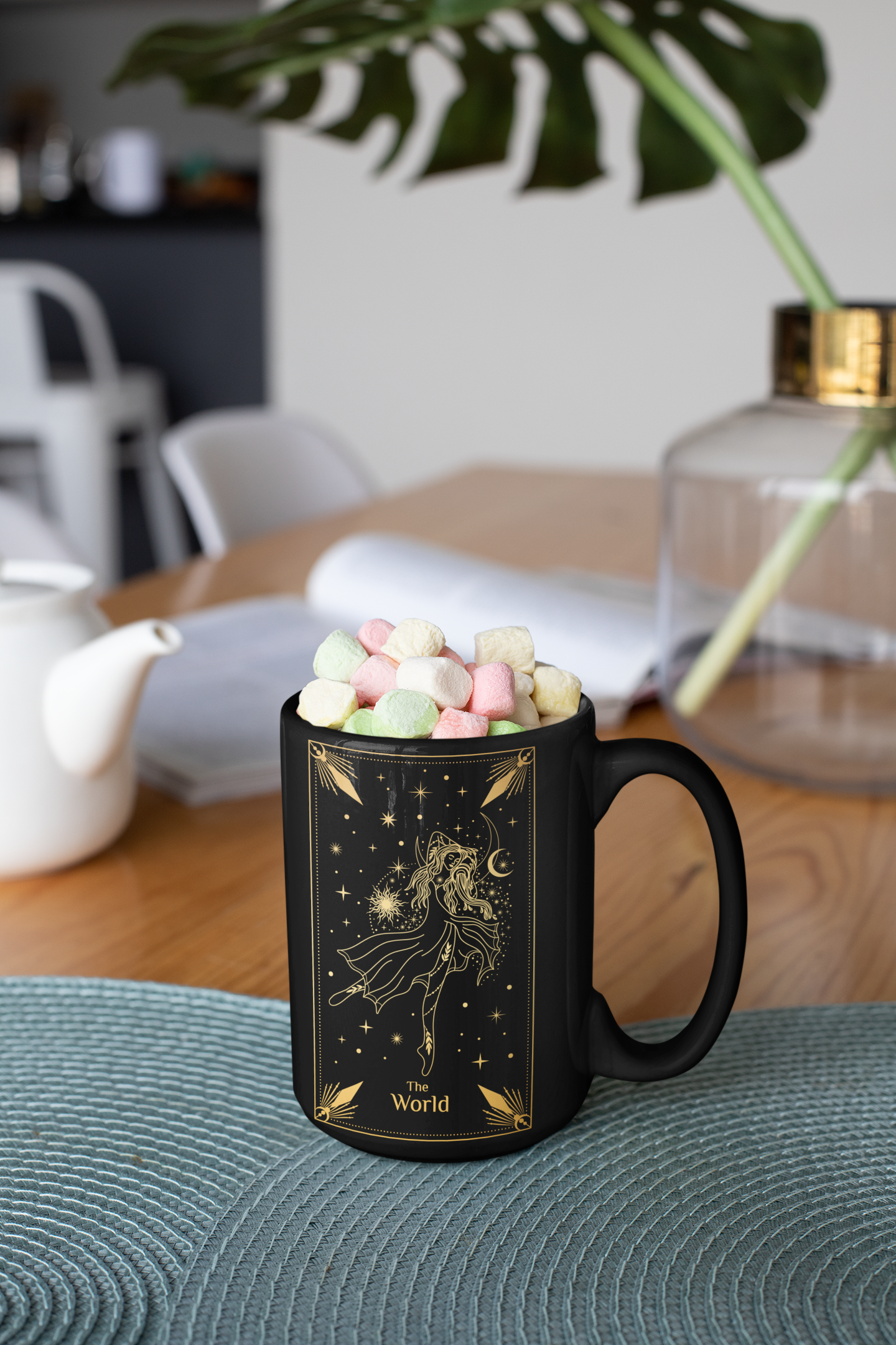 Chic Celestial Ceramic Mug - The World Design, 11oz & 15oz, The World Tarot Card Coffee Mug, Celestial Woman Mug, Mystical Mug