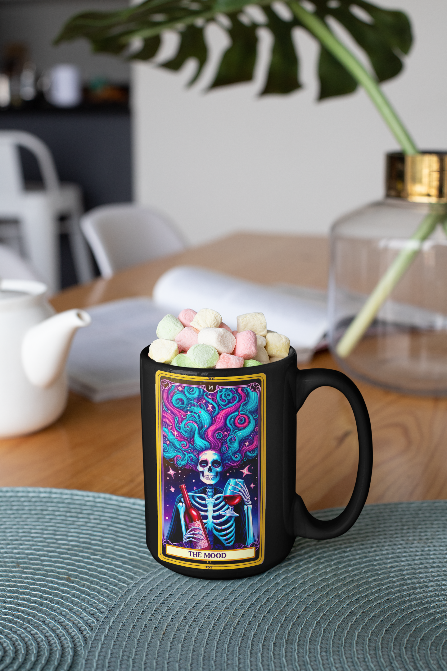 Vibrant Skull Themed Black Mug – Perfect for Celebrations & Gifting, The Mood Tarot Card Coffee Mug, Party Coffee Mug