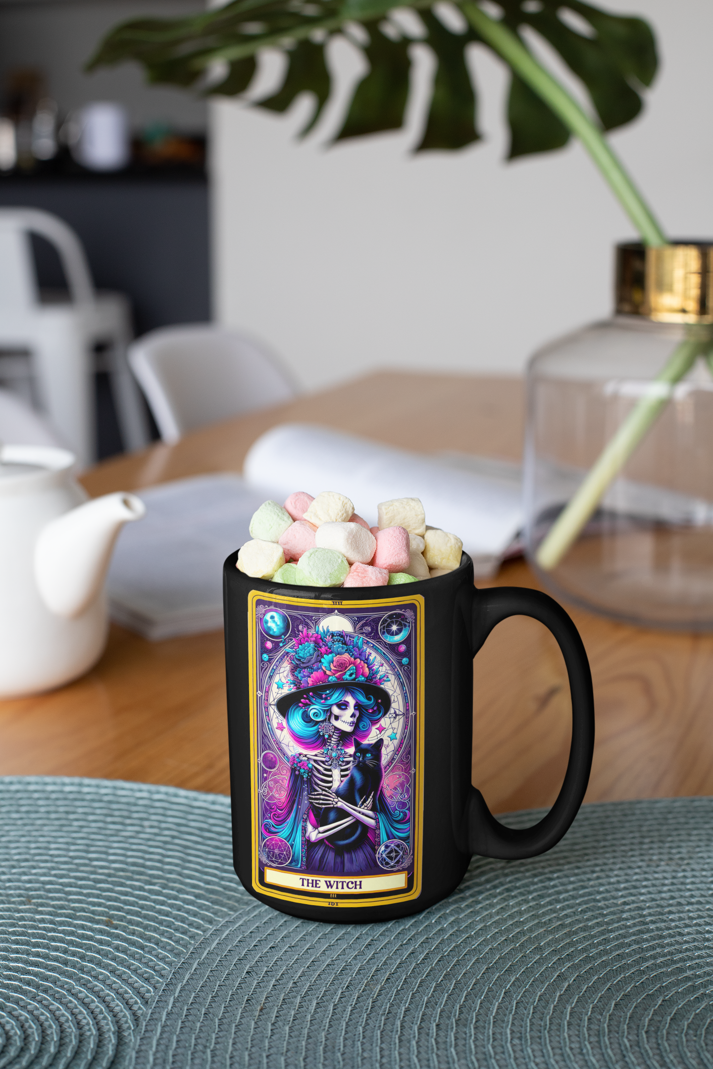 The Witch Skeleton Black Mug - 11oz & 15oz Halloween Coffee Cup, The Witch Tarot Card Coffee Mug, Witchy Occult Coffee Mug