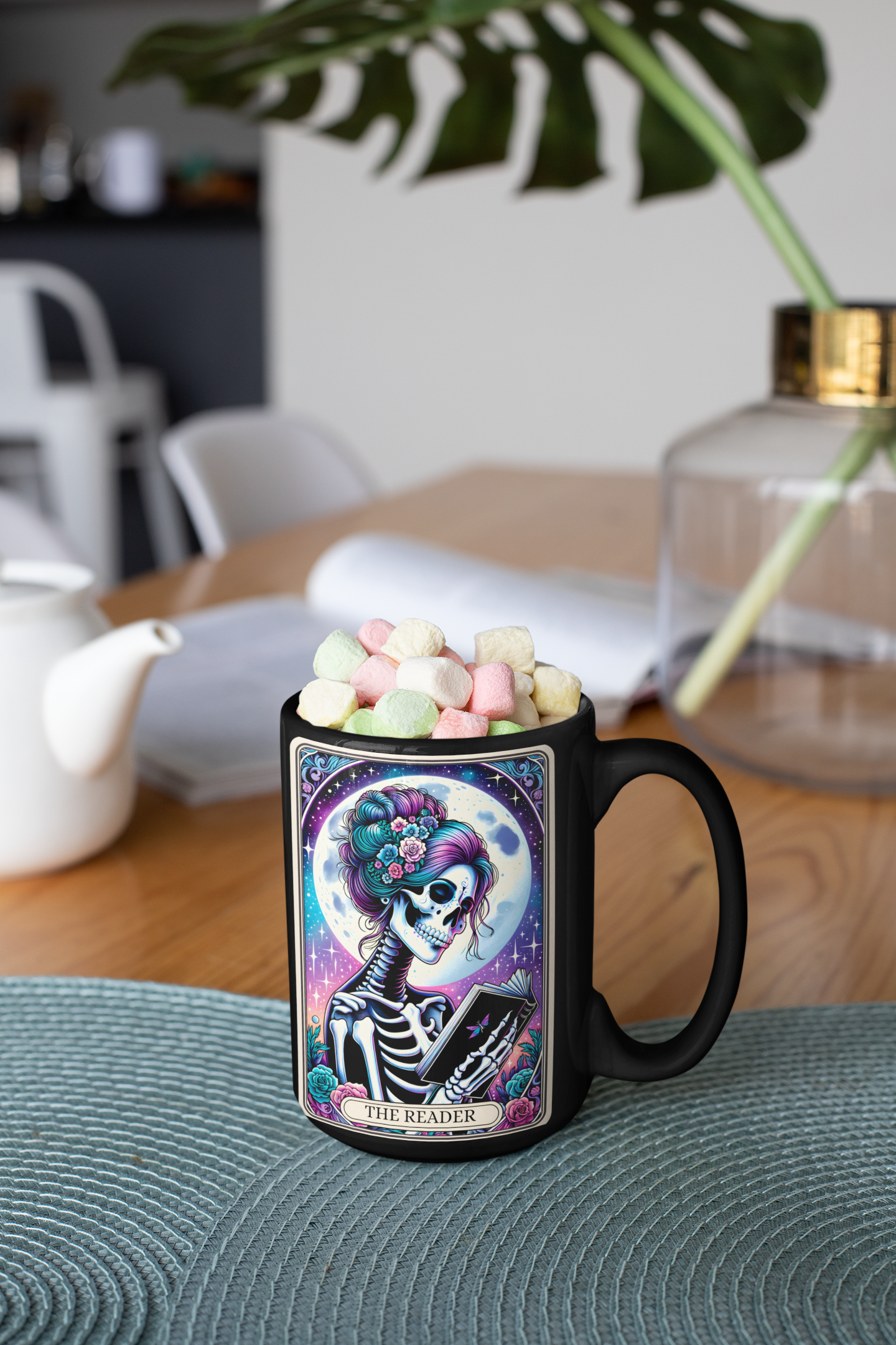 The Reader Skull Mug – Perfect Gift for Book Lovers and Halloween, The Reader Tarot Card Coffee Mug, Gothic Book Reader Coffee Mug