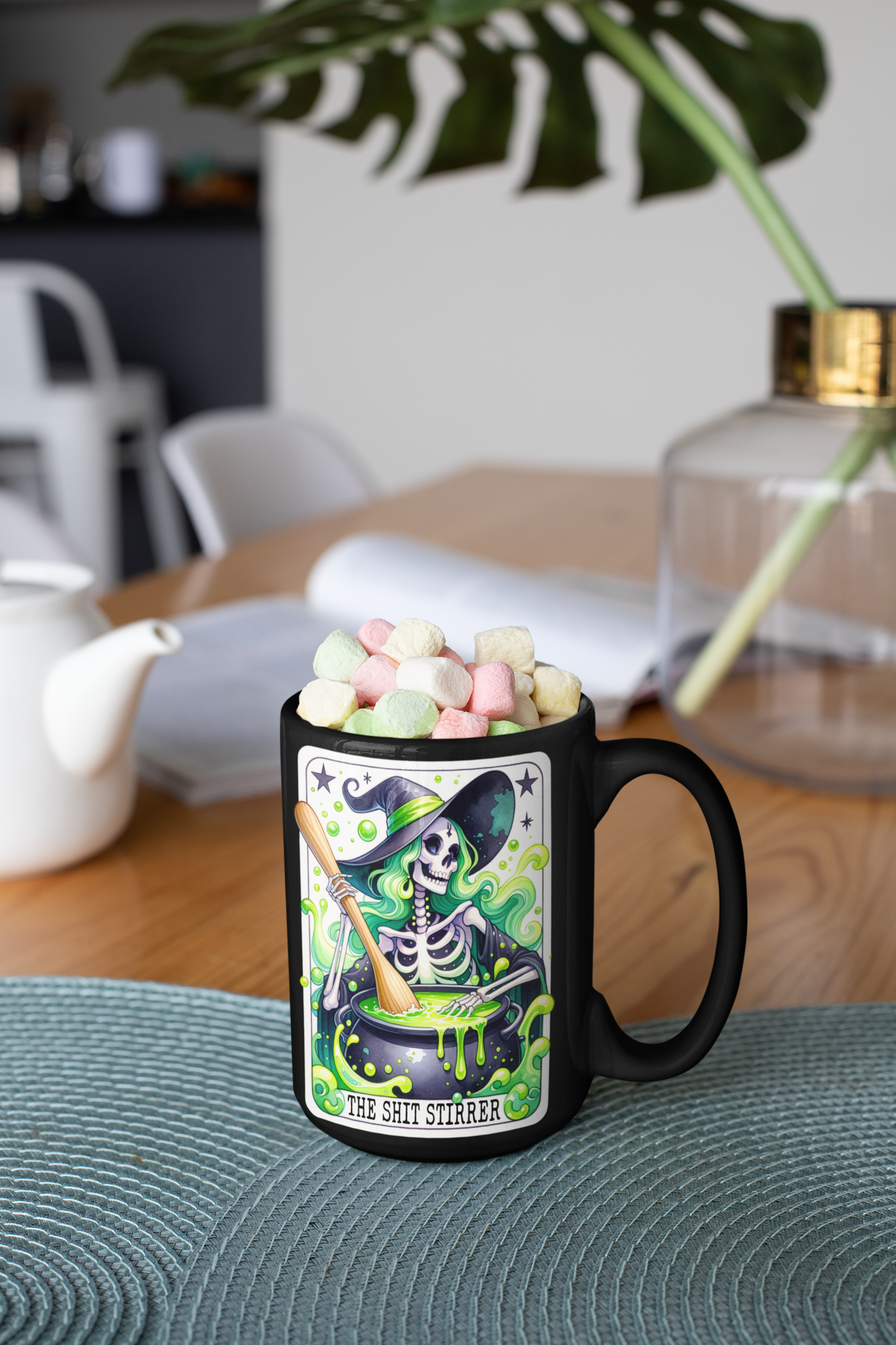 The Shit Stirrer Halloween Mug – Spooky Skeleton Design (11oz, 15oz), The Shit Stirrer Tarot Card Coffee Mug, Witchy Coffee Mug