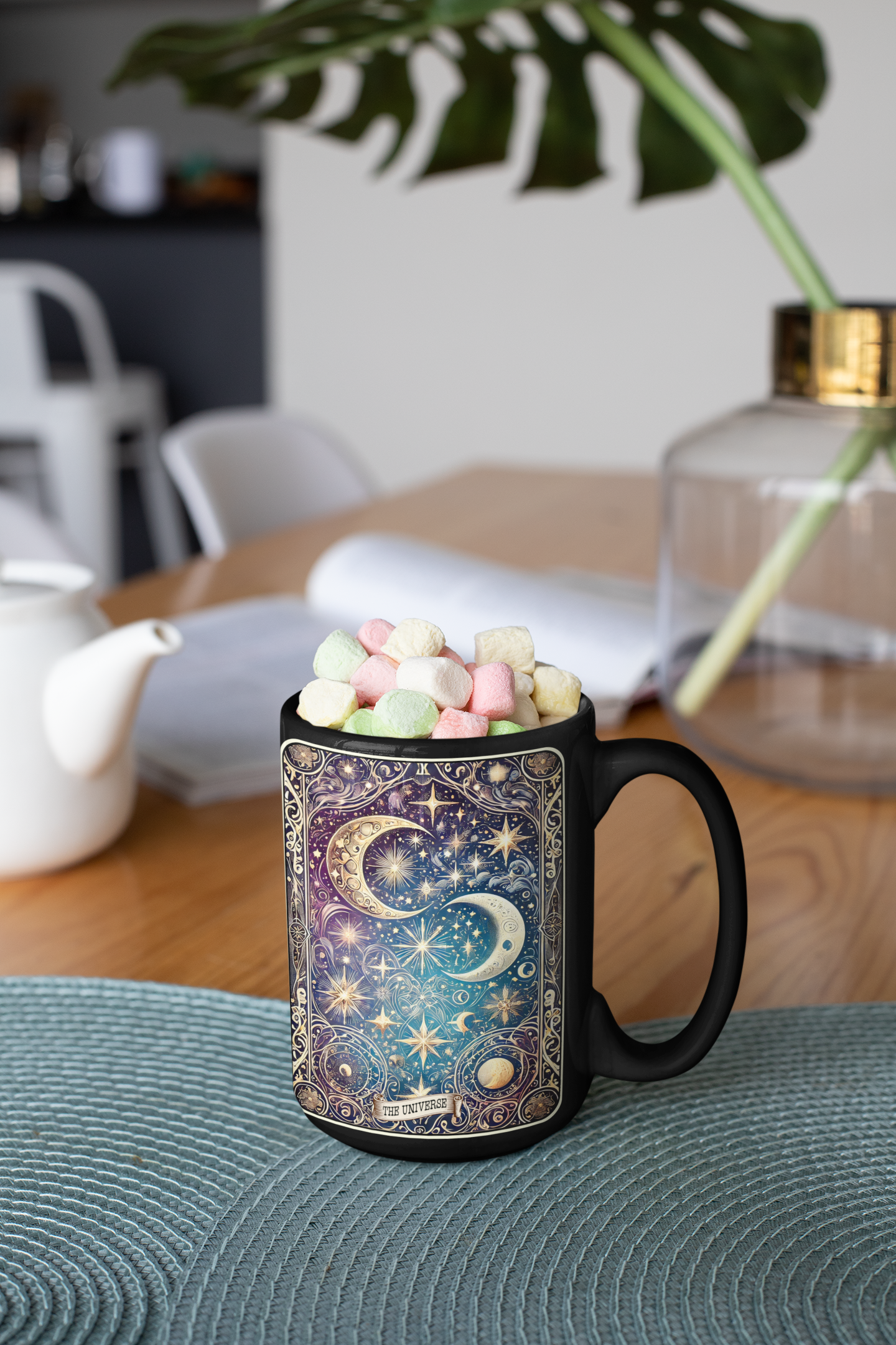 Cosmic Universe Black Mug - Celestial Design for Astrology Lovers, Celestial Coffee Mug, Moon Phase Coffee Mug, Mystical Coffee Mug