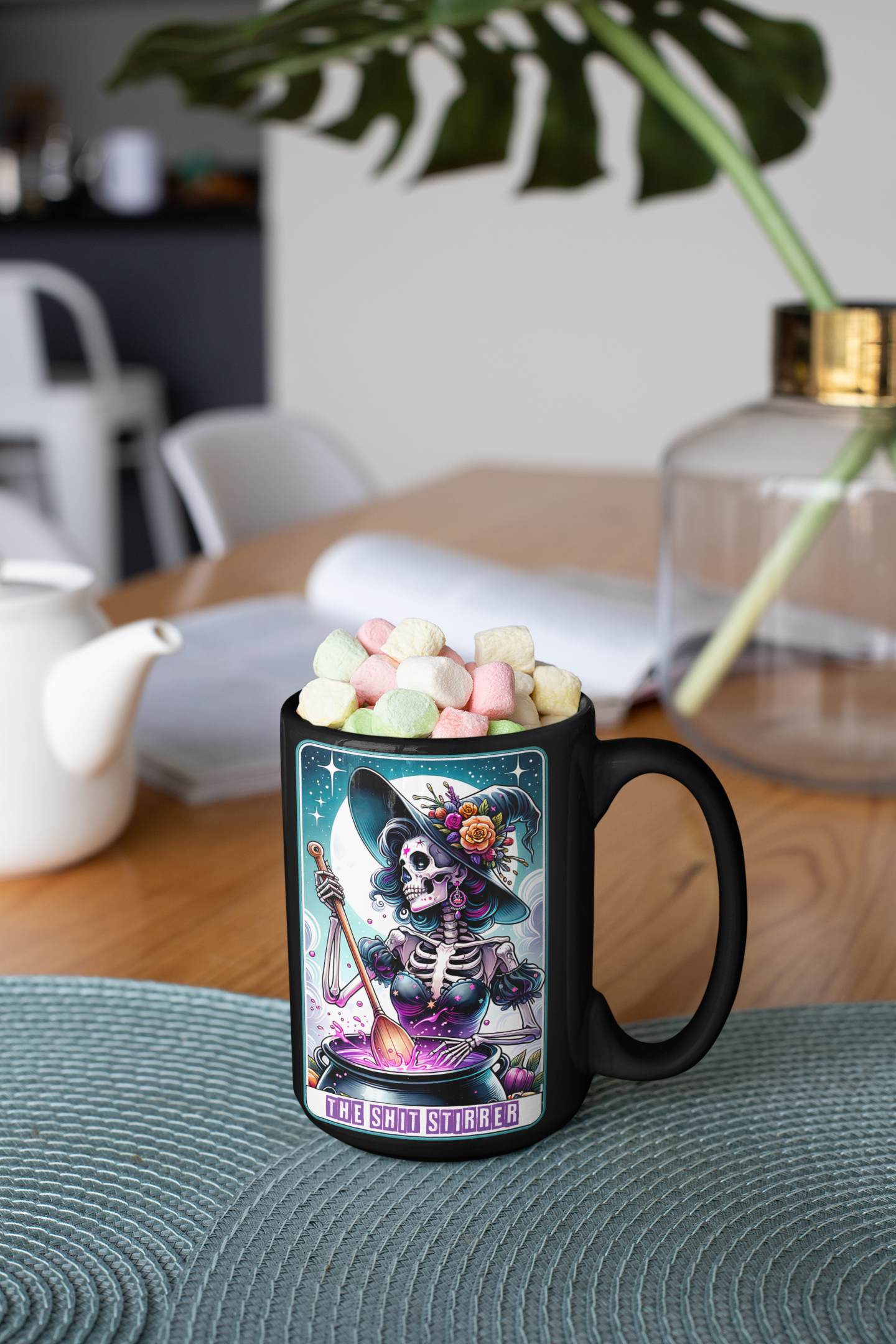 Whimsical Skeleton Witch Mug - Perfect for Halloween or Any Day of Spooky Fun!, The Shit Stirrer Tarot Card Coffee Mug, Witchy Coffee Mug