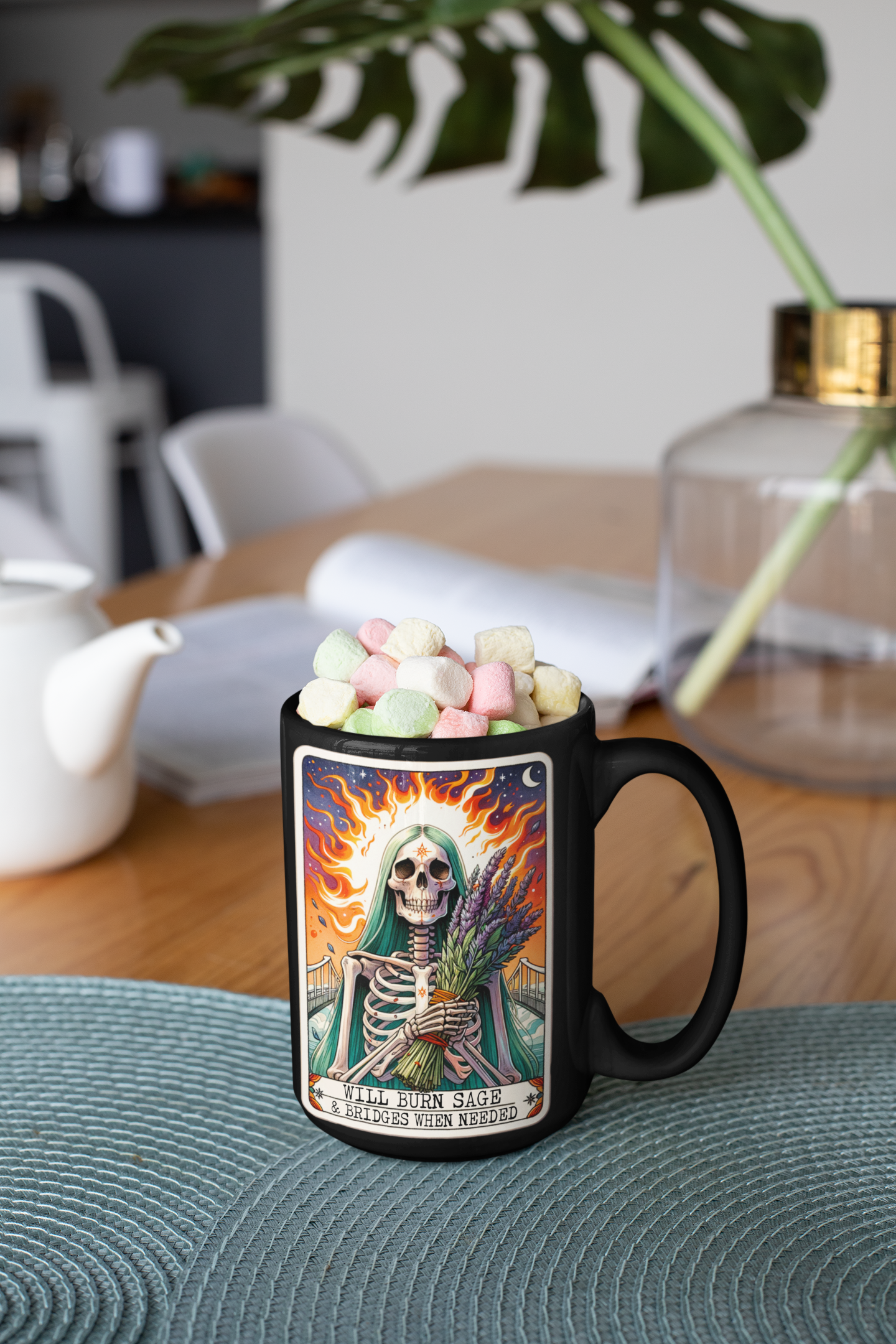 Skeletal Sage Black Mug - 'Will Burn Sage Bridges When Needed' - Unique Gift for Spiritual Souls & Occult Lovers, Witchy Tarot Card Coffee Mug