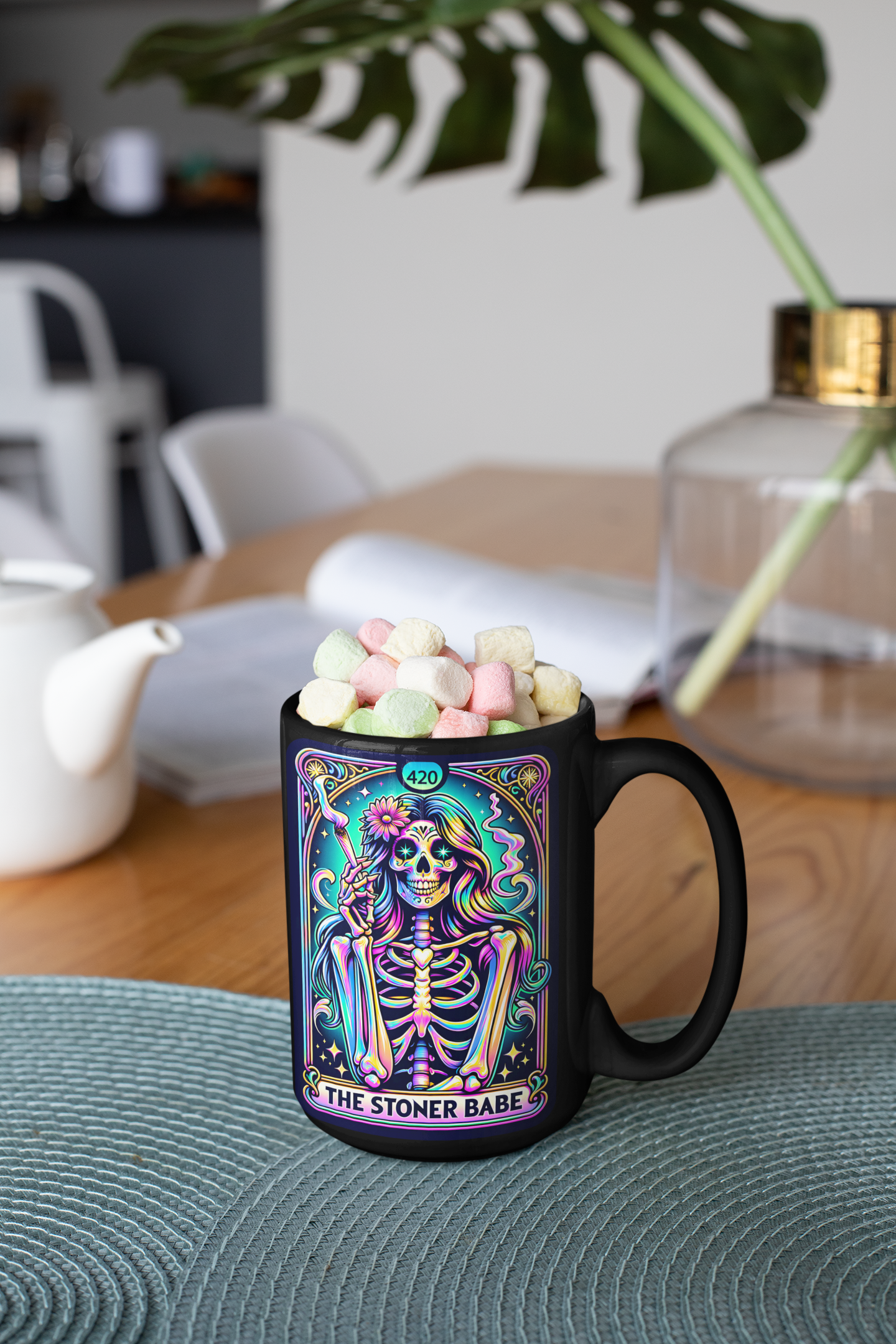 Psychedelic 420 Stoner Babe Mug - Colorful Marijuana Art - Perfect for Coffee and Tea Lovers, The Stoner Babe Tarot Card Coffee Mug