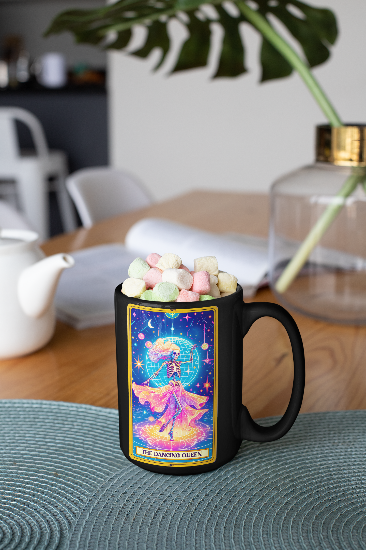 Dancing Queen Skeleton Mug - Colorful 11oz & 15oz Black Coffee Cup for Celebrations, Dancing Queen Tarot Card Coffee Mug,