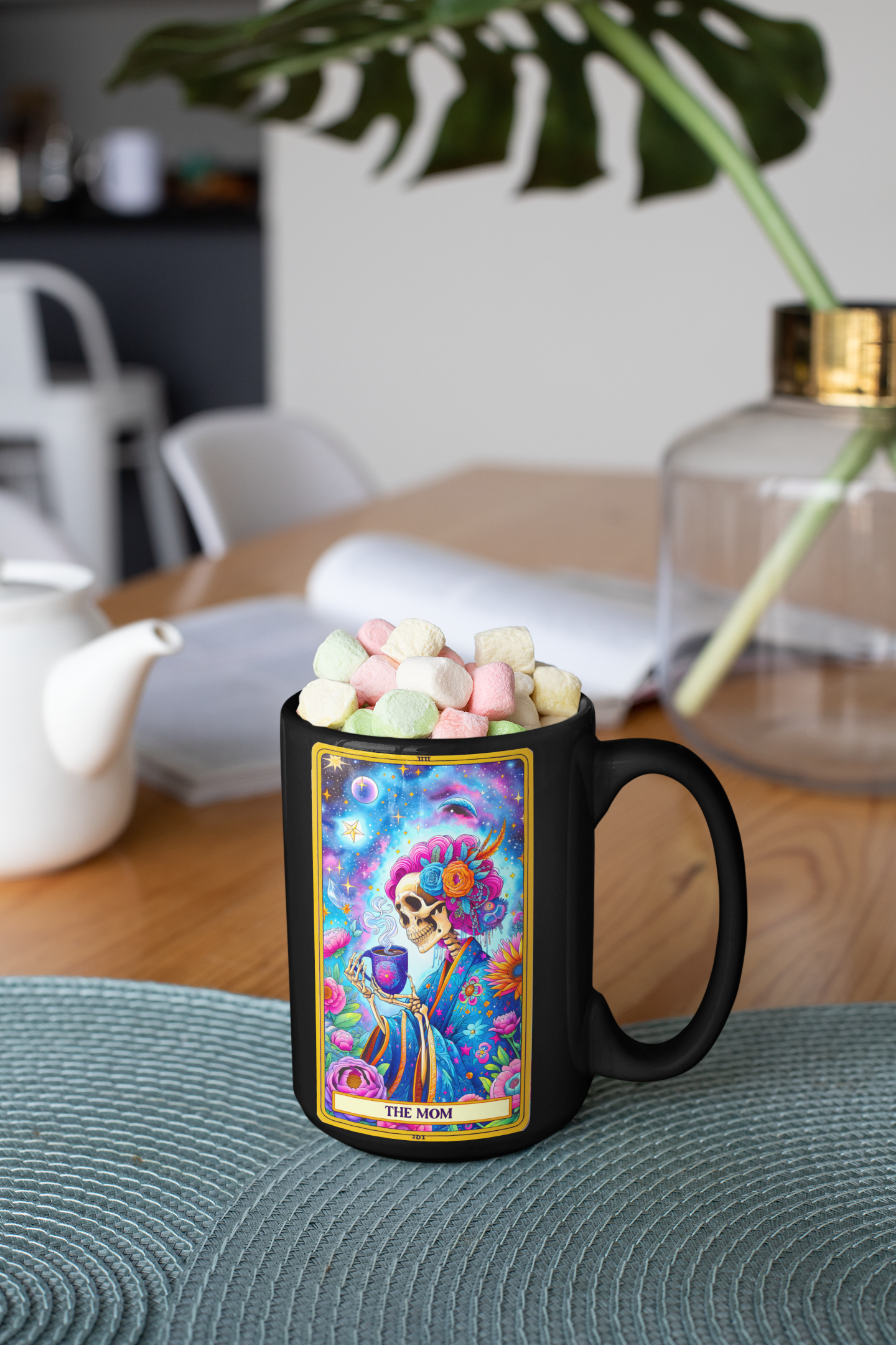 Colorful Skull Themed Black Mug for Moms - Perfect Gift for Mother's Day & Celebrations, The Mom Tarot Card Coffee Mug