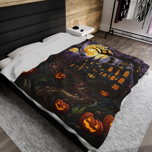 Custom Halloween Plush Blanket for Couch Bed Halloween Gift Blanket Pumpkin, Vintage Retro Spooky Season Halloween