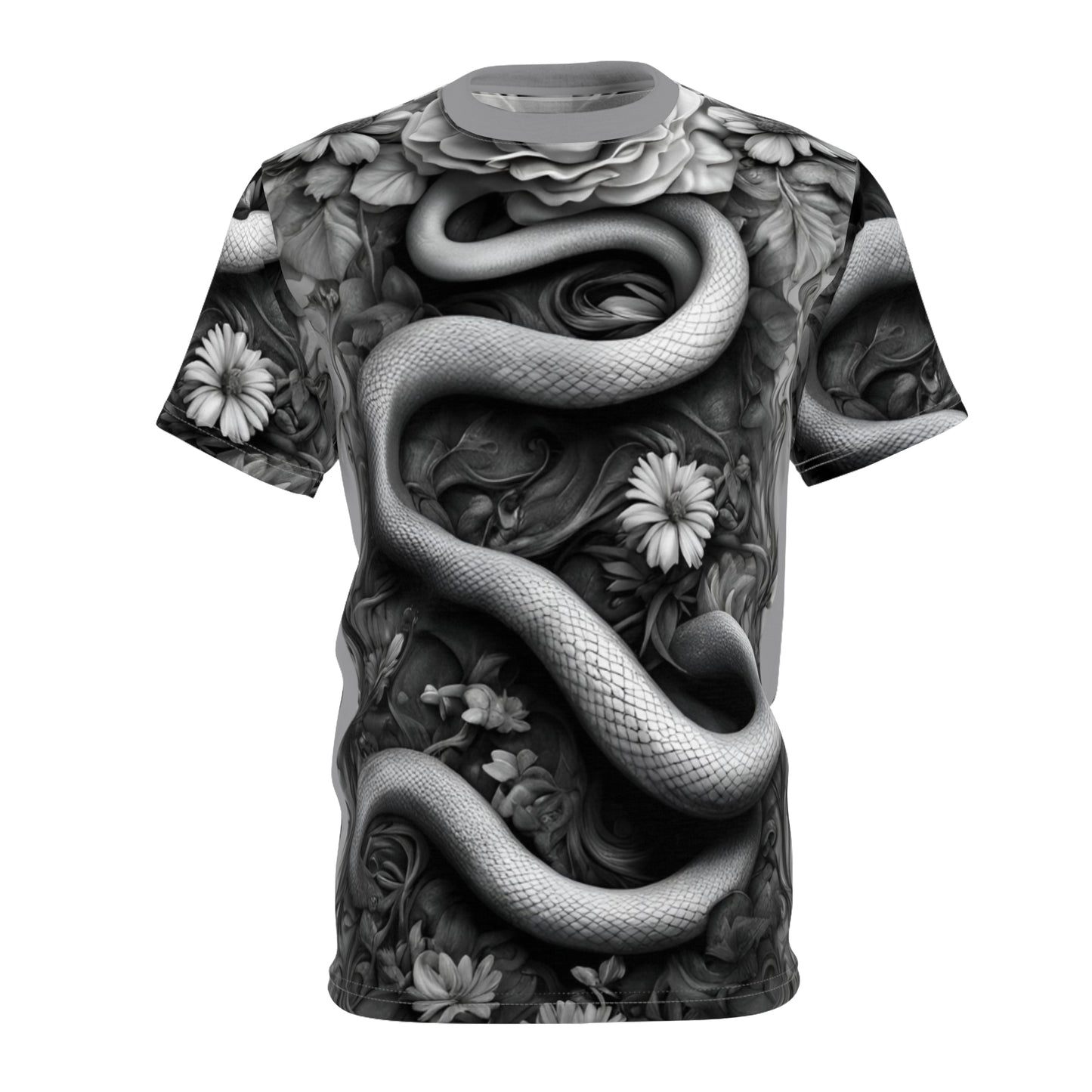 Serpent and Floral Unisex Tee - Stylish Graphic Shirt for Nature Lovers, Black and White Snake and Flowers AOP Shirt