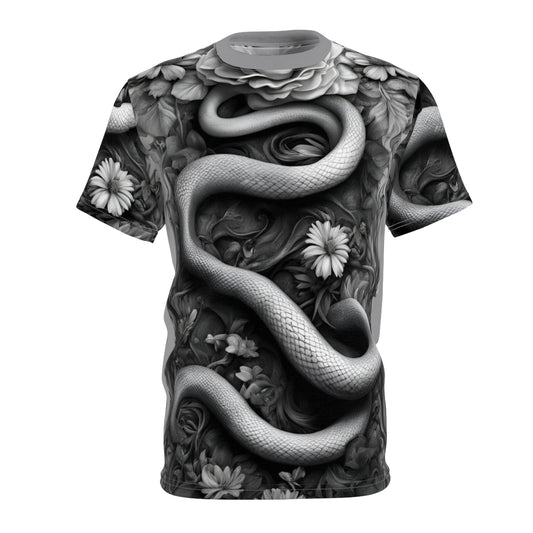 Serpent and Floral Unisex Tee - Stylish Graphic Shirt for Nature Lovers, Black and White Snake and Flowers AOP Shirt