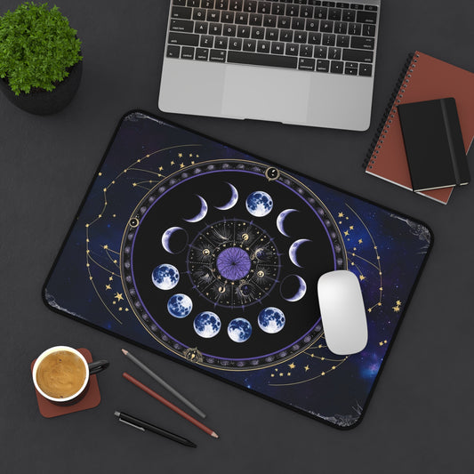 Vintage Gothic Celestial Art Desk Mat, Moon Phase Lunar Mousepad, Eclectic Witch Aesthetic Mousepad, Universe Stars Desk Decor Dark Academia