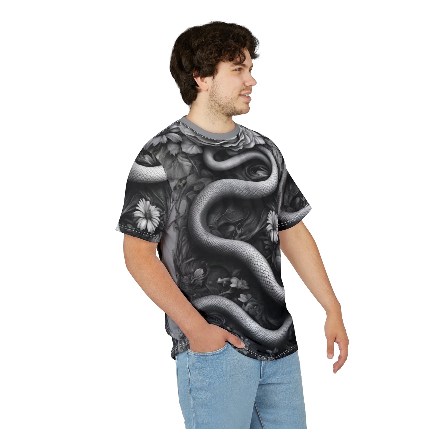 Serpent and Floral Unisex Tee - Stylish Graphic Shirt for Nature Lovers, Black and White Snake and Flowers AOP Shirt