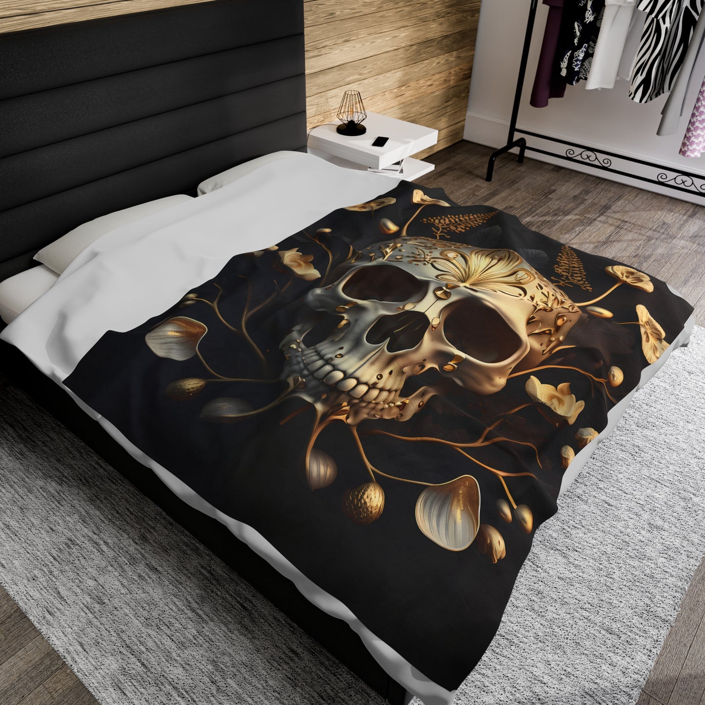 Skull and Flowers Velveteen Plush Blanket, Skull and Flowers Blanket, Gothic Design Blanket, Halloween Blanket, Skull and Flowers Gift