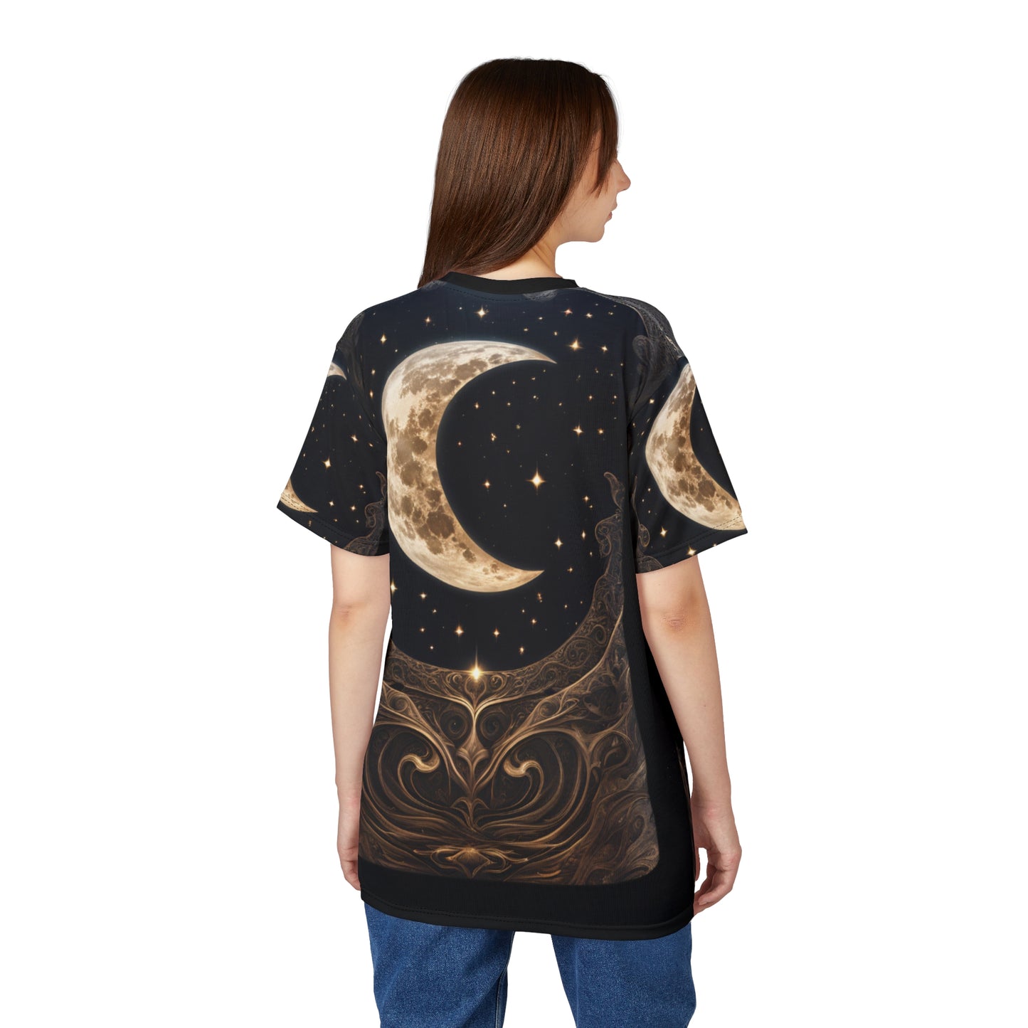 Celestial Moon Unisex Cut & Sew Tee - Night Sky Graphic T-Shirt, Celestial Crescent Moon AOP Shirt