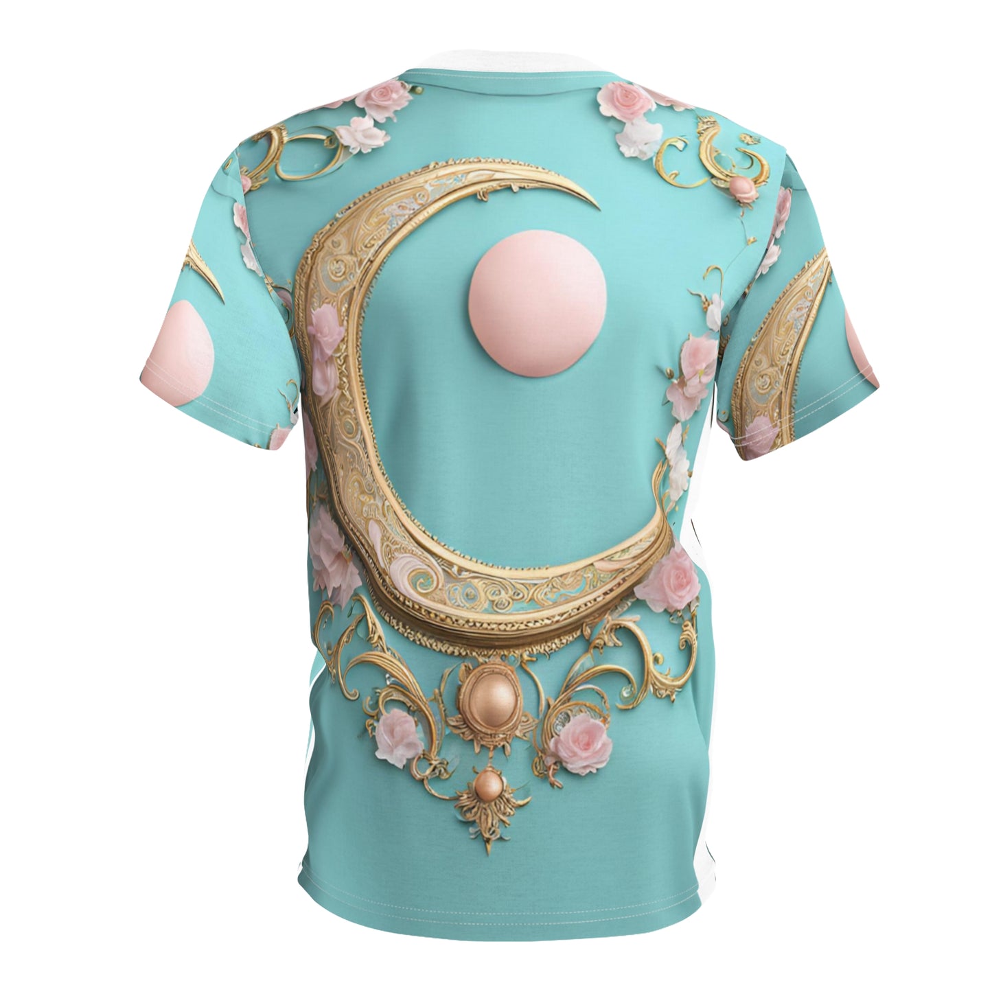 Elegant Moon & Floral Unisex Tee - Stylish Cut & Sew Design, Elegant Crescent Moon AOP Shirt