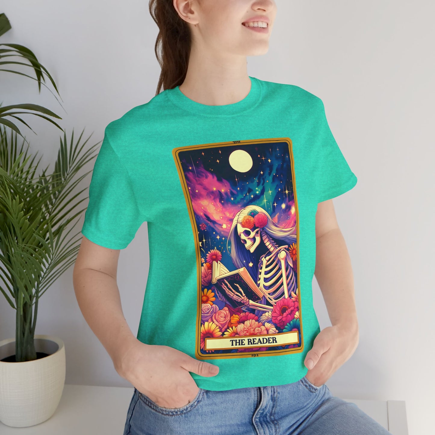 The Reader Skeleton Graphic Tee - Unisex Jersey Short Sleeve Shirt, The Reader Tarot Card Shirt, Skeleton Reading Shirt, Reading Shirt, Tarot Card Shirt, Book Lover Gift, Bookish Gift, Tarot Lover Gift