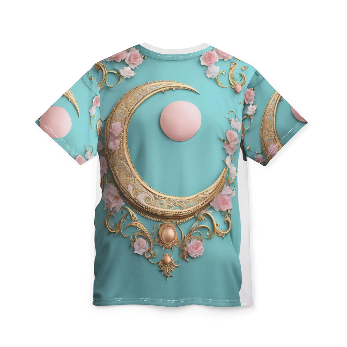 Elegant Moon & Floral Unisex Tee - Stylish Cut & Sew Design, Elegant Crescent Moon AOP Shirt