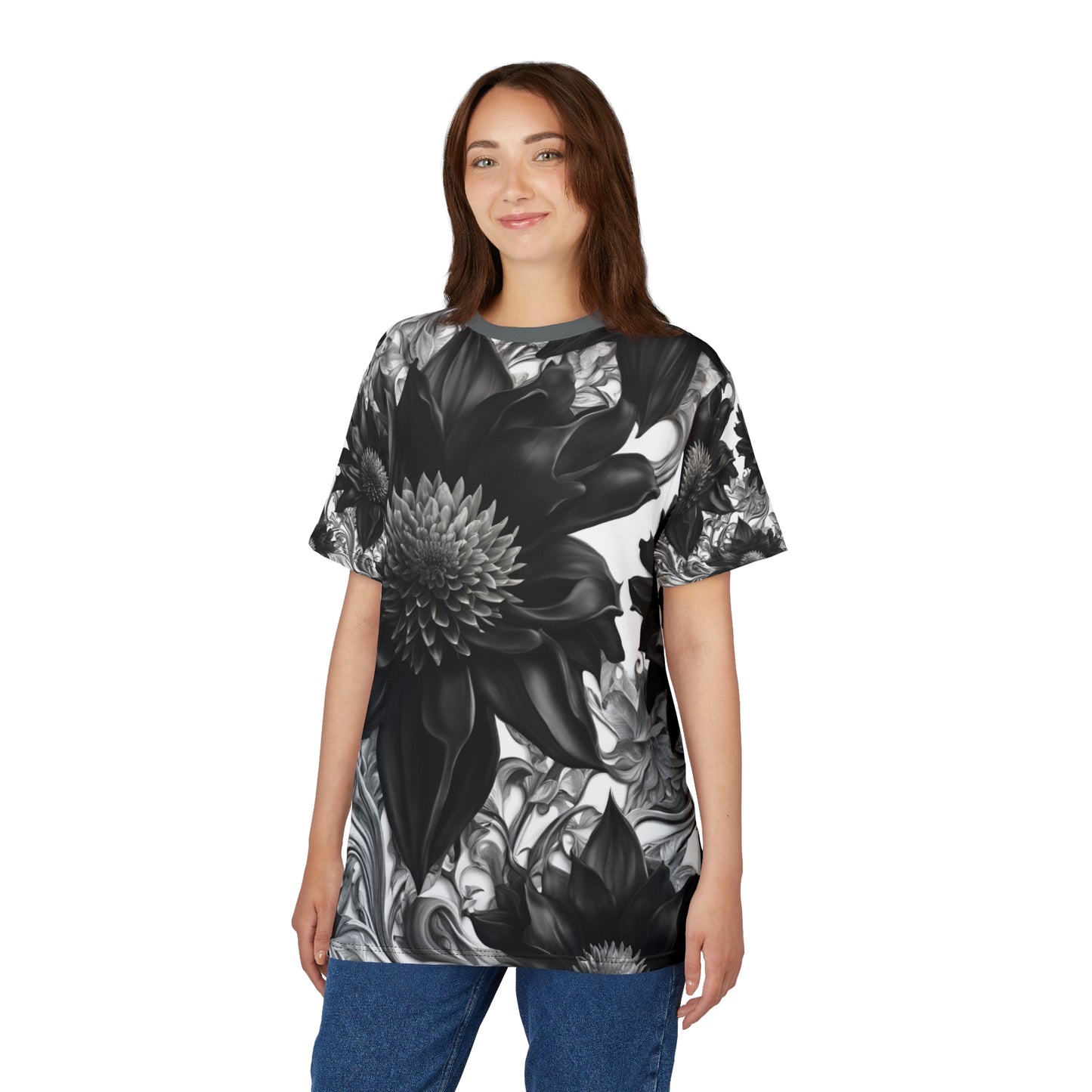Elegant Floral Unisex Tee - Black & White Design, Gothic Black and White Flowers Shirt, Goth Flowers AOP Shirt