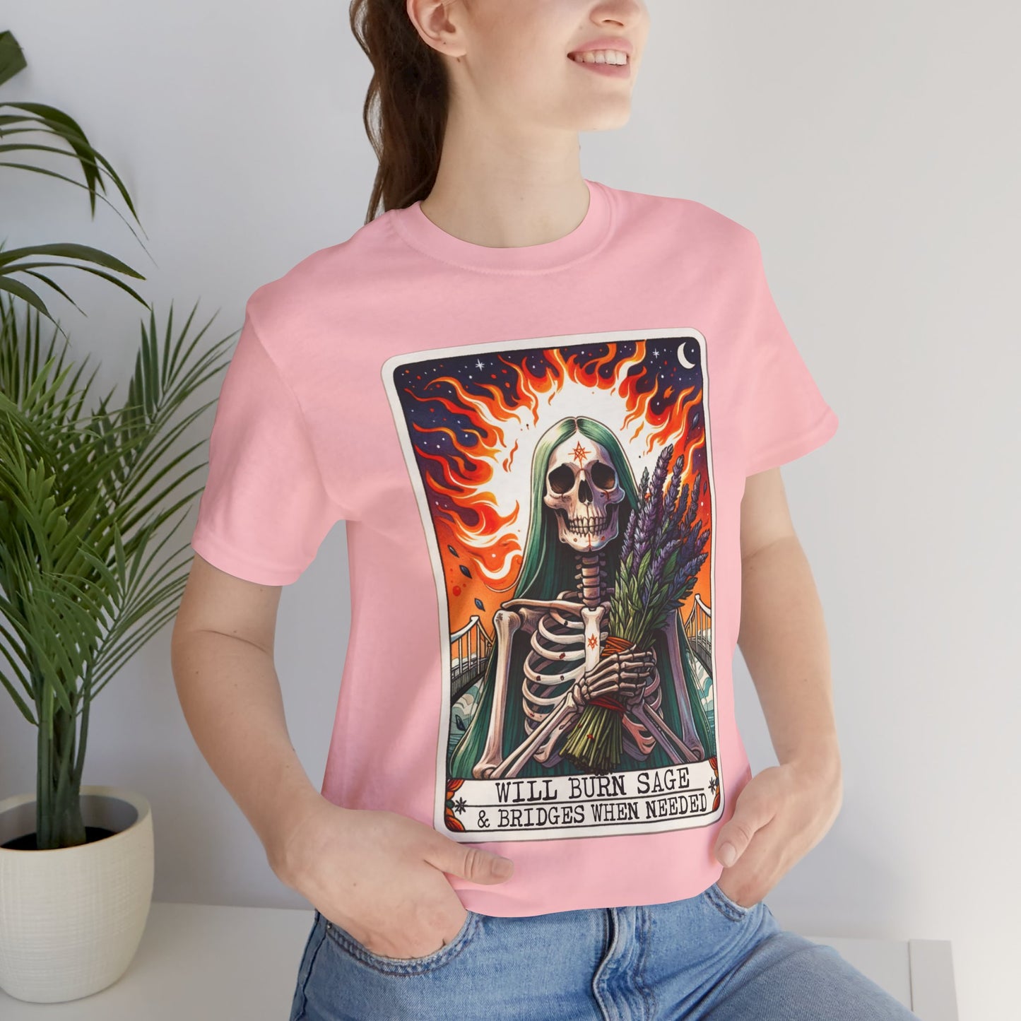 Will Burn Sage & Bridges Unisex Tee - Spooky Vibes for the Bold ,Not Enough Sage Funny Tarot Card , Sarcastic Sweary Skeleton Tarot Card, Adult Humor Witchy Gothic T-Shirt