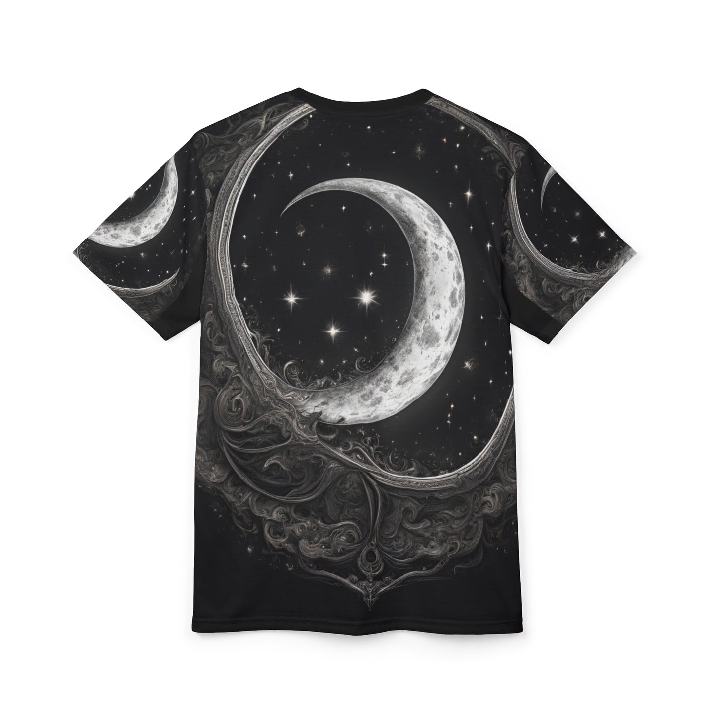 Celestial Moon Unisex Tee - Cosmic Black Design, Black and White Celestial Crescent Moon AOP Shirt