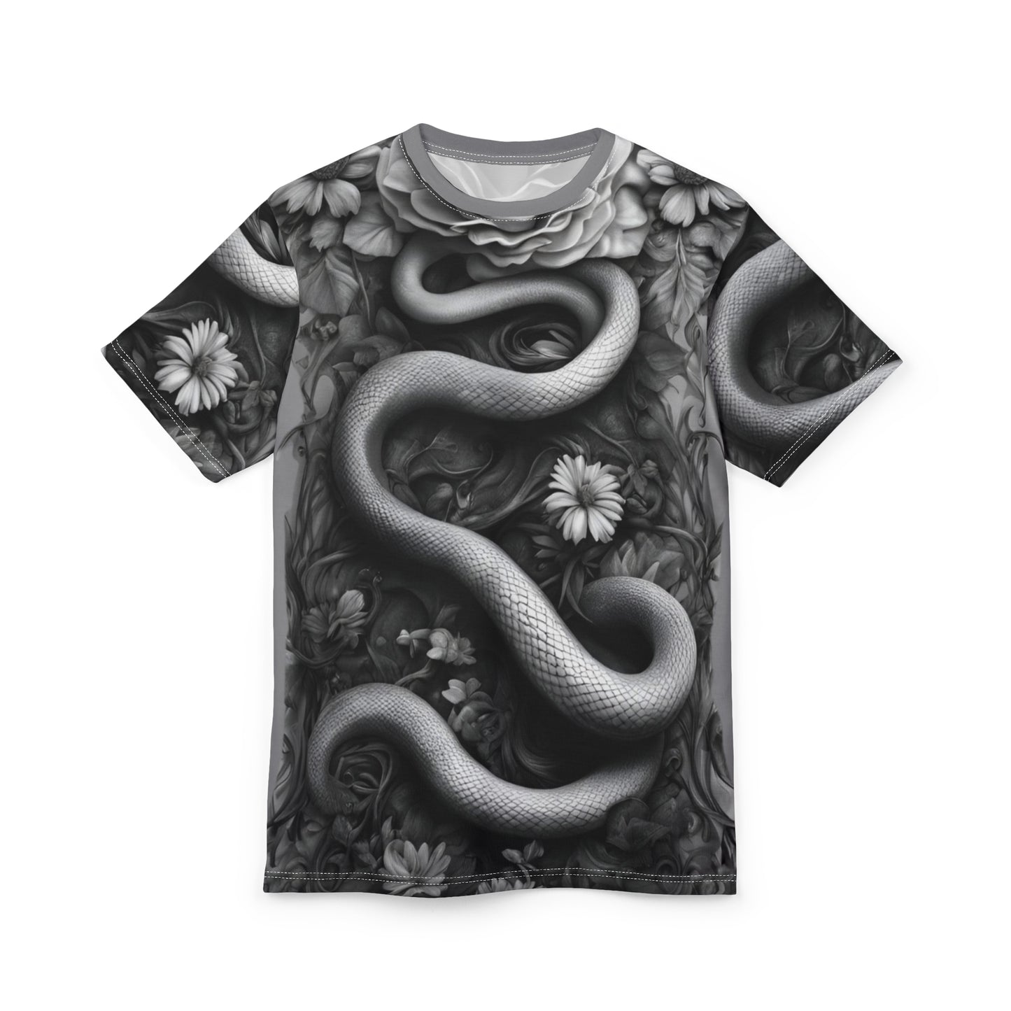 Serpent and Floral Unisex Tee - Stylish Graphic Shirt for Nature Lovers, Black and White Snake and Flowers AOP Shirt