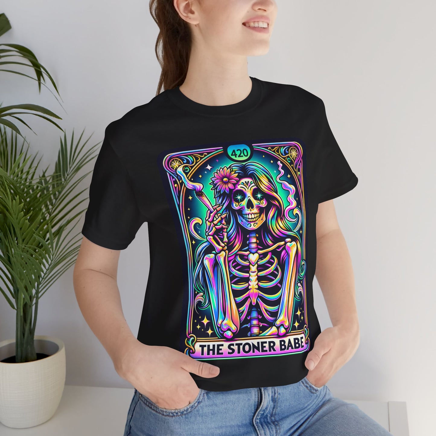 'The Stoner Babe' Unisex Jersey Tee – Colorful Skeleton Graphic for Cannabis Lovers, Stoner Babe Shirt,Stoner Mom Shirt,Organic Weed Shirt,Blaze It Shirt,Marijuana Shirt,Recreational Shirt,Stoner Shirt,Pothead Shirt,Weed