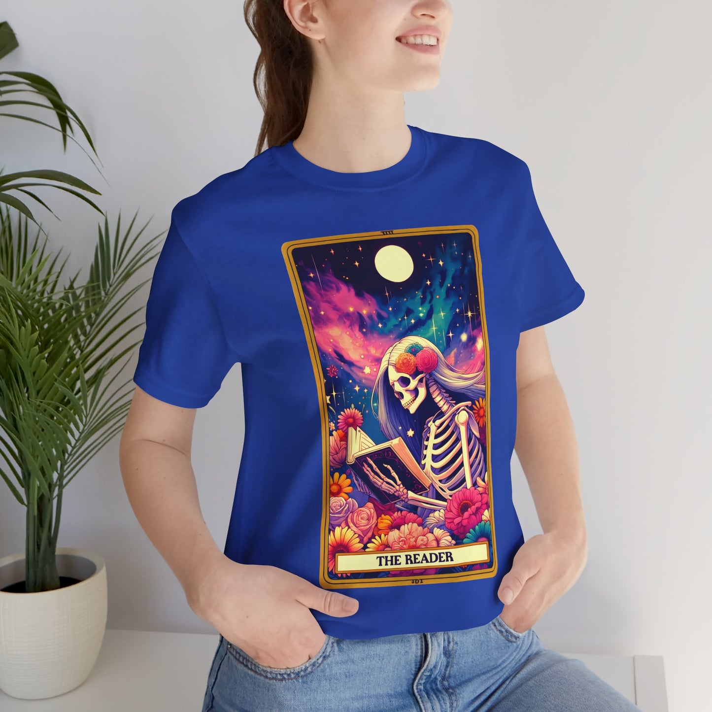 The Reader Skeleton Graphic Tee - Unisex Jersey Short Sleeve Shirt, The Reader Tarot Card Shirt, Skeleton Reading Shirt, Reading Shirt, Tarot Card Shirt, Book Lover Gift, Bookish Gift, Tarot Lover Gift