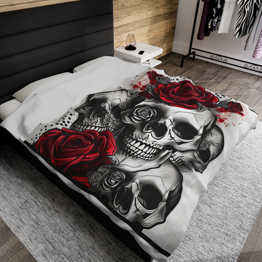 Skull and Roses Velveteen Plush Blanket, Skull and Roses Blanket, Halloween Blanket, Gothic Blanket, Skelton Blanket, Skull Goth Blanket