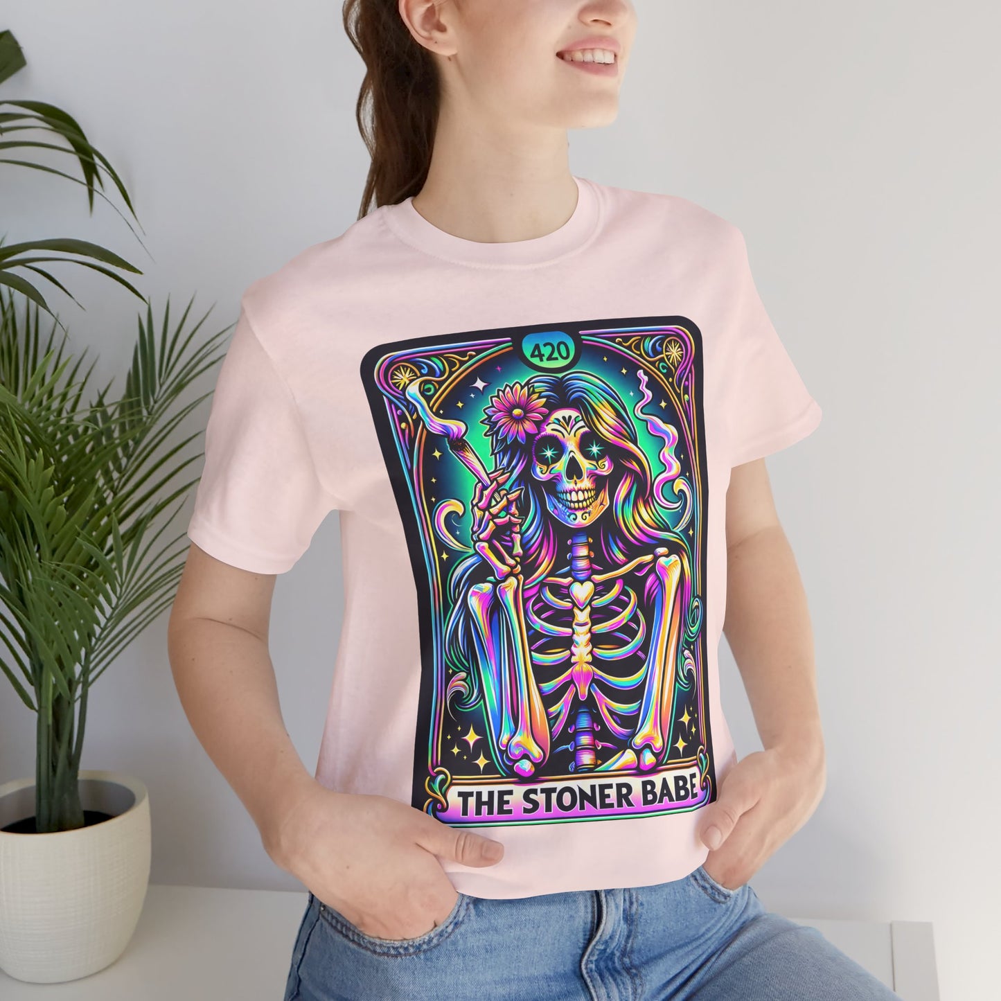 'The Stoner Babe' Unisex Jersey Tee – Colorful Skeleton Graphic for Cannabis Lovers, Stoner Babe Shirt,Stoner Mom Shirt,Organic Weed Shirt,Blaze It Shirt,Marijuana Shirt,Recreational Shirt,Stoner Shirt,Pothead Shirt,Weed