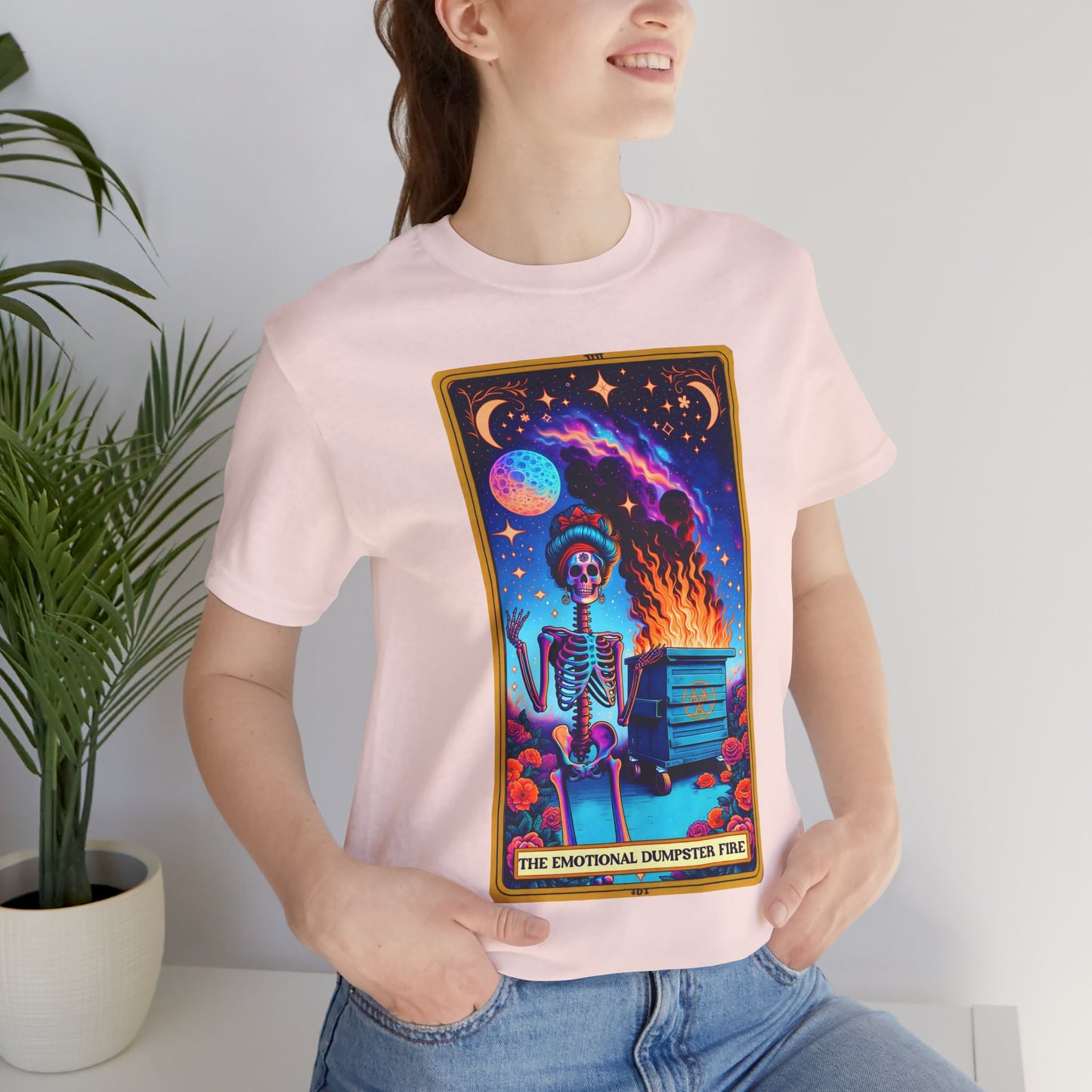 Emotional Dumpster Fire Skeleton Tee -The Emotional Dumpster Fire Funny Tarot Card T-Shirt, Witchy Skull Tarot T-Shirt, Funny Witchy Skeleton Shirt