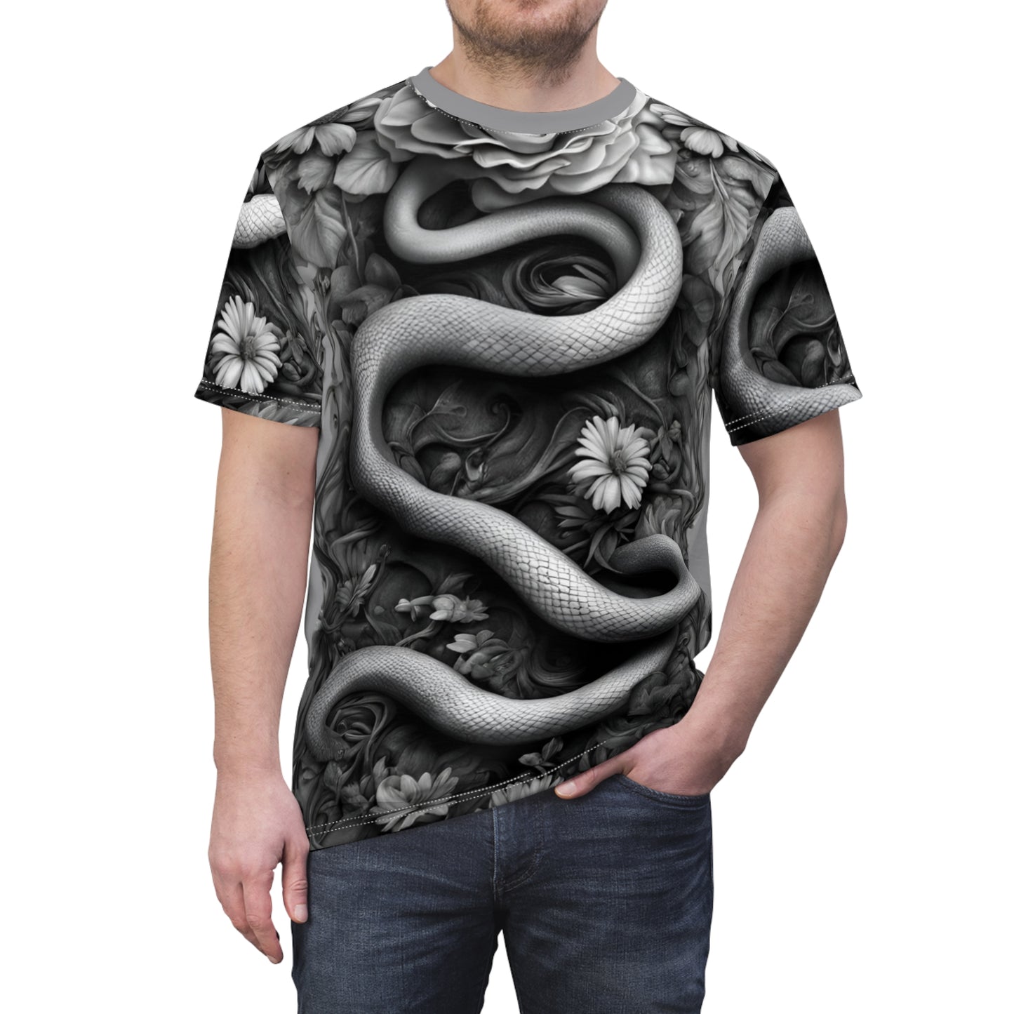 Serpent and Floral Unisex Tee - Stylish Graphic Shirt for Nature Lovers, Black and White Snake and Flowers AOP Shirt