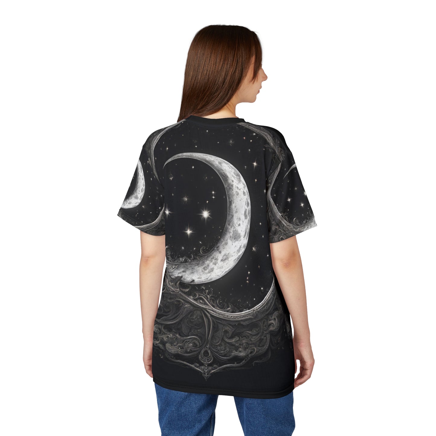 Celestial Moon Unisex Tee - Cosmic Black Design, Black and White Celestial Crescent Moon AOP Shirt