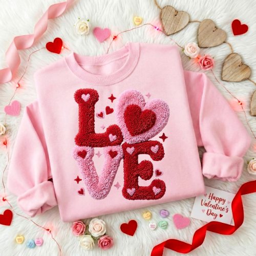 Love Heart Sweatshirt — Plush Pink & Red Cozy Valentine Crewneck