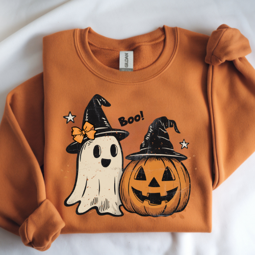 Halloween Crewneck Sweatshirt, Cozy Fall Apparel, Unisex Halloween Sweatshirt, Ghost and Pumpkin Design, Perfect for Fall Celebrations