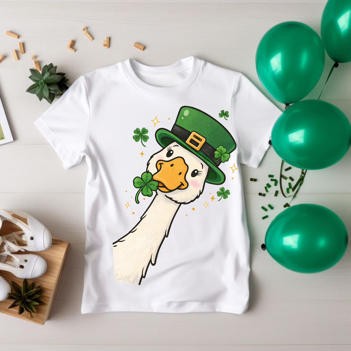 St. Patrick's Day Goose T-Shirt — Cute Leprechaun Hat & Shamrock Design