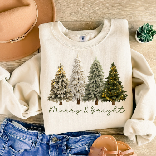 Christmas Tree Crewneck Sweatshirt — "Merry & Bright" Holiday Sweatshirt